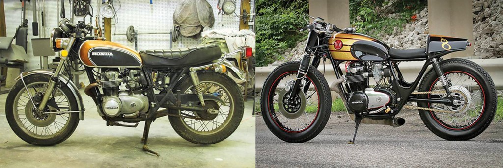 A 1972 CB500 bike purchased for $200 shown in the left photo as it was purchased and in the right photo in its finished form. The bike Is known as Menace to Society.