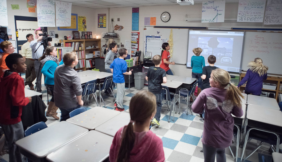 Audubon Elementary School students participating in "GoNoodle" activity.