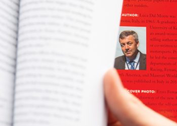 Closeup of Luca Dal Monte's portrait inside book cover