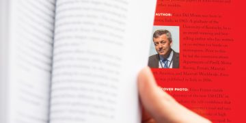 Closeup of Luca Dal Monte's portrait inside book cover