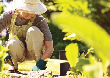 Woman digging a hole in her garden for her plants.