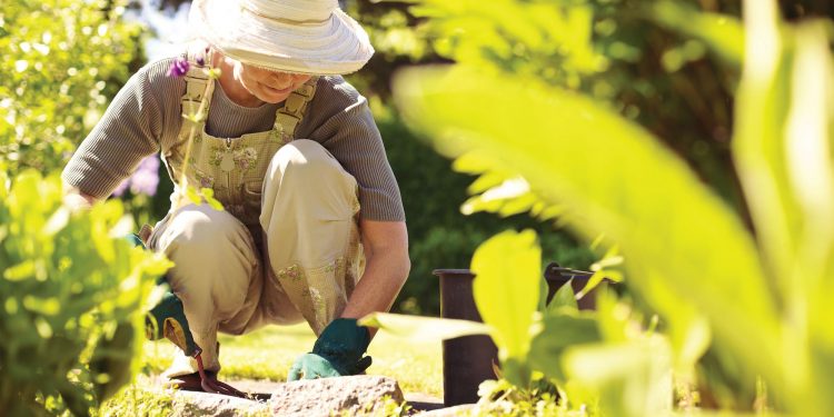 Woman digging a hole in her garden for her plants.