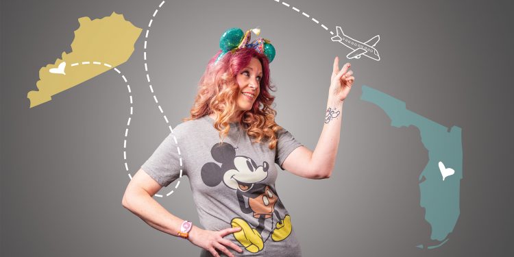 Melissa Boarman, certified travel agent, shows off her love for Disney in a Mickey Mouse shirt and Minnie Mouse ears.