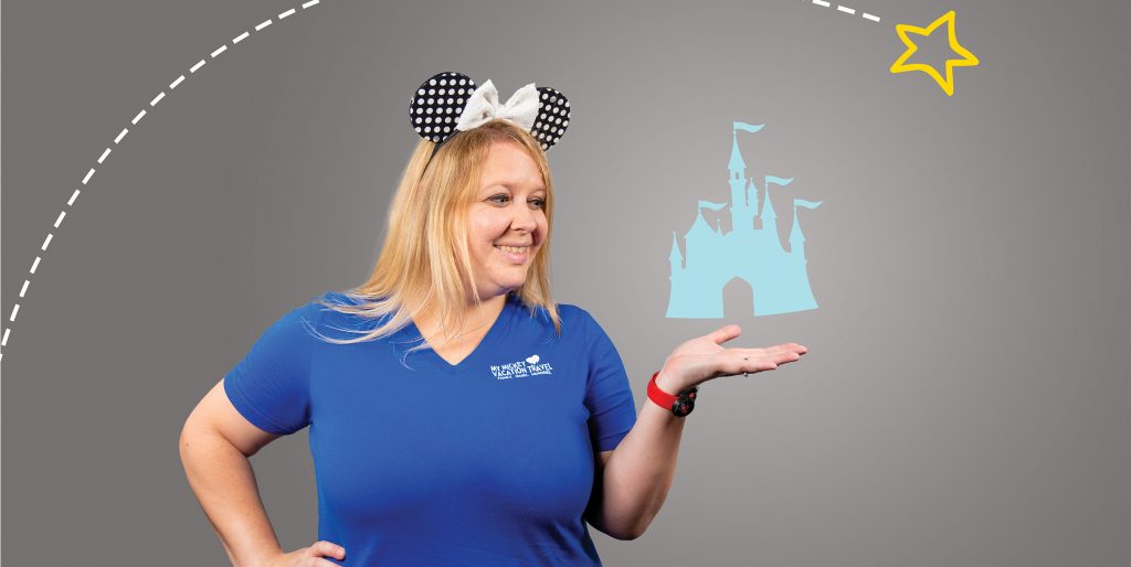 Langley Roby, travel planner, smiles as she wears polka-dotted Minnie Mouse ears on her head.