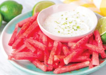 Watermelon fries with coconut lime dip