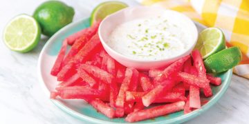 Watermelon fries with coconut lime dip