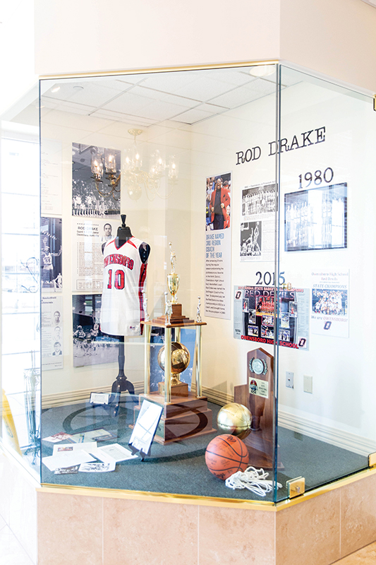 Display case at Independence Bank displaying Rod Drake articles and memorabilia