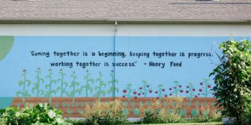 A quote by Henry Ford is painted on the side of a building at Century Christian Church.