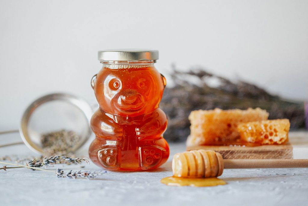 Lavender-infused honey in a jar.