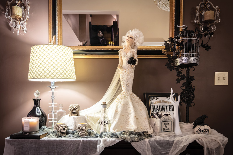 Table in foyer decorated for Halloween